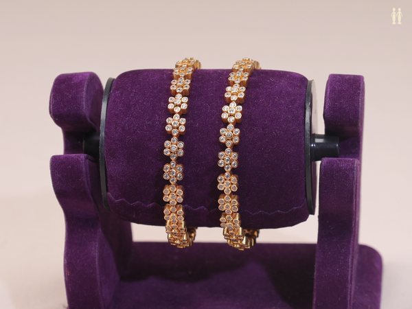 Floral Design Crystal Stone Gold Plated Pure Silver Bangles