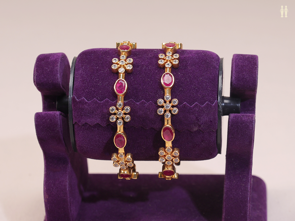 Floral Design With Stone Gold Plated Pure Silver Bangles