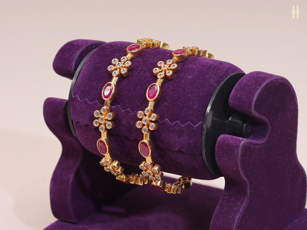 Floral Design With Stone Gold Plated Pure Silver Bangles
