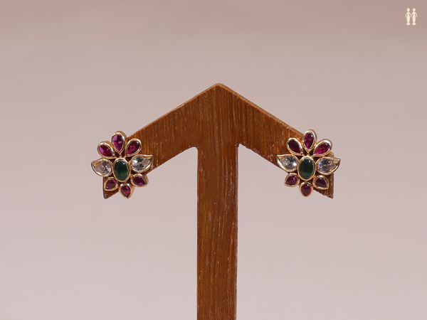 Floral Design With Tri Color Stone Pure Silver Stud Earrings