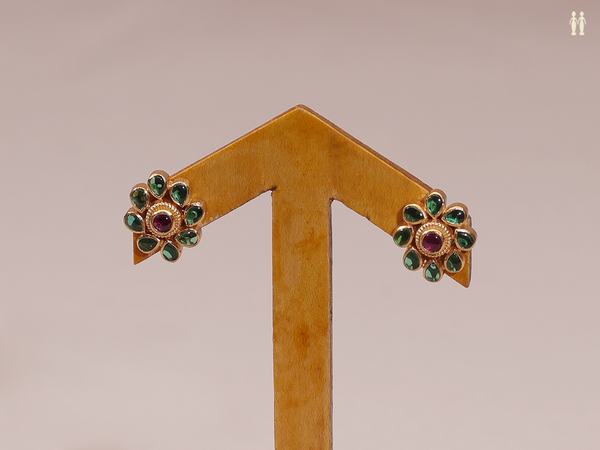 Floral Design With Emerald Stone Pure Silver Stud Earrings