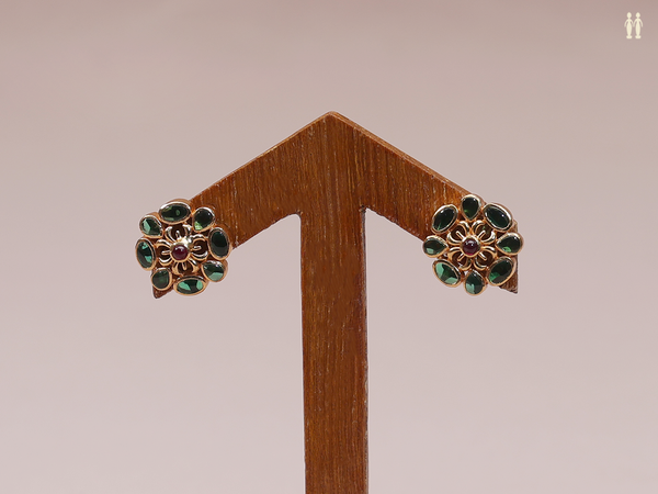 Floral Design With Green Stone Gold Plated Silver Stud Earrings