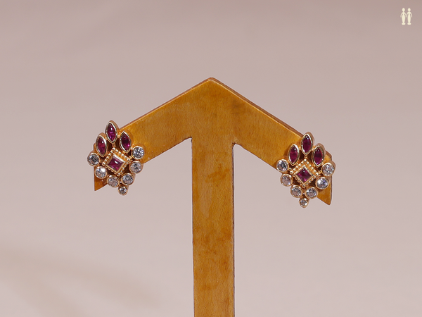 Crystal And Pink Stone Gold Plated Pure Silver Stud Earrings