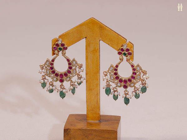 Tri Color Stone With Beads Gold Plated Pure Silver Earrings