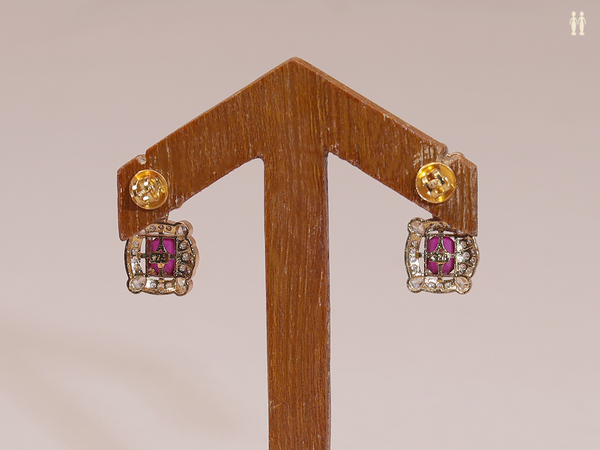Crystal And Pink Stone Gold Plated Pure Silver Stud Earrings