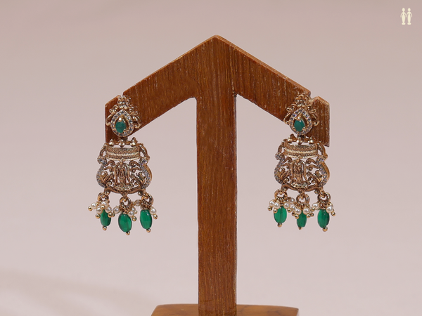 Antique Design With Green And Crystal Stone Silver Earrings