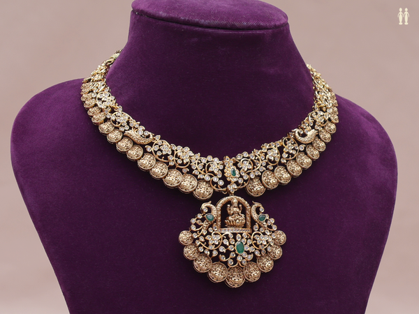 Antique Design Green And Crystal Stone Pure Silver Necklace