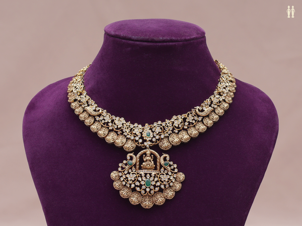 Antique Design Green And Crystal Stone Pure Silver Necklace