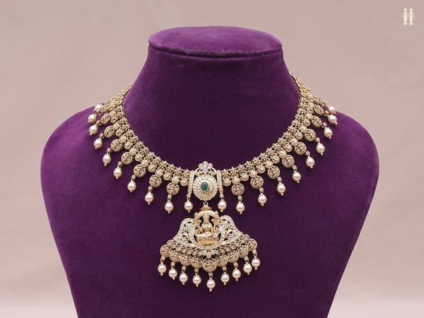 Antique Design With Beads Gold Plated Pure Silver Necklace