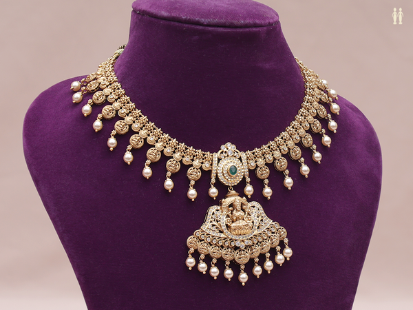 Antique Design With Beads Gold Plated Pure Silver Necklace