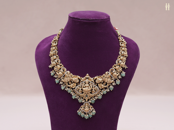 Antique Design With Beads Gold Plated Pure Silver Necklace