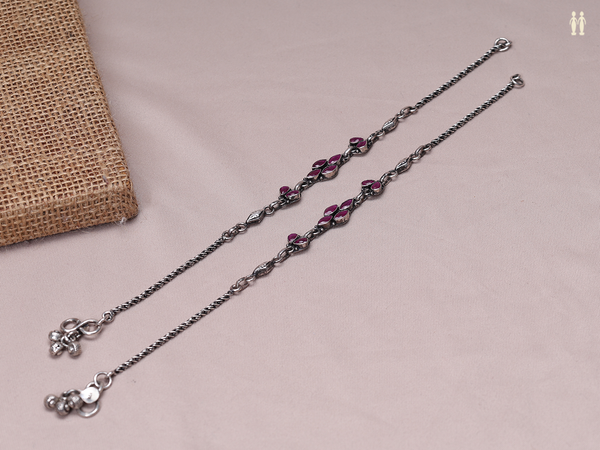Pair Of Pink Kemp Stone Pure Silver Anklets