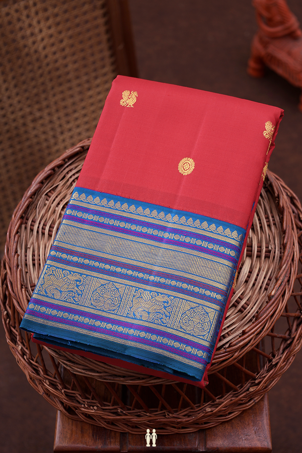 Kanchipuram Silk Saree In Scarlet Red With Peacock Buttas