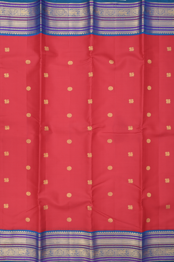 Kanchipuram Silk Saree In Scarlet Red With Peacock Buttas