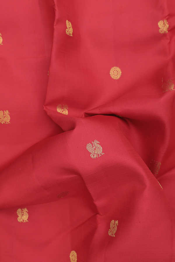 Kanchipuram Silk Saree In Scarlet Red With Peacock Buttas
