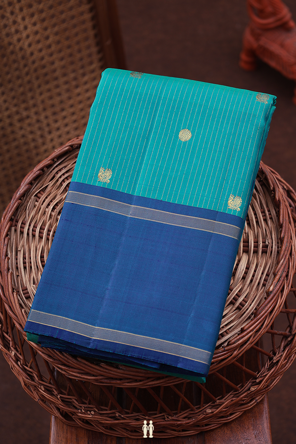 Kanchipuram Silk Saree In Peacock Blue With Stripes Design