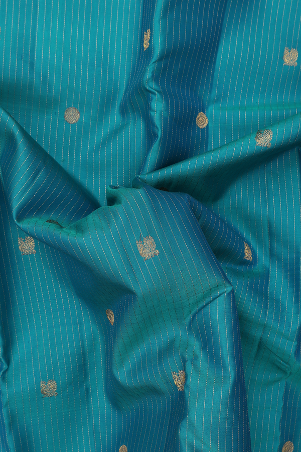 Kanchipuram Silk Saree In Peacock Blue With Stripes Design