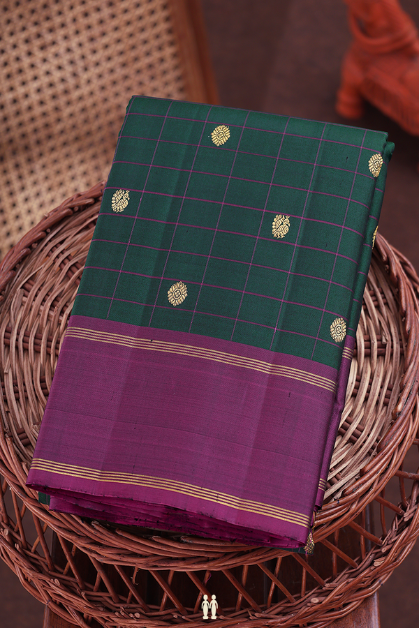 Kanchipuram Silk Saree In Dark Green With Checks Design