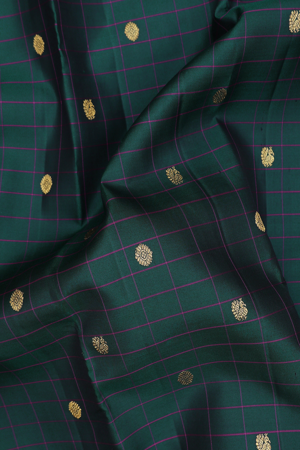 Kanchipuram Silk Saree In Dark Green With Checks Design