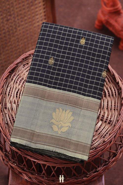 Kanchipuram Silk Saree In Black With Checks Design