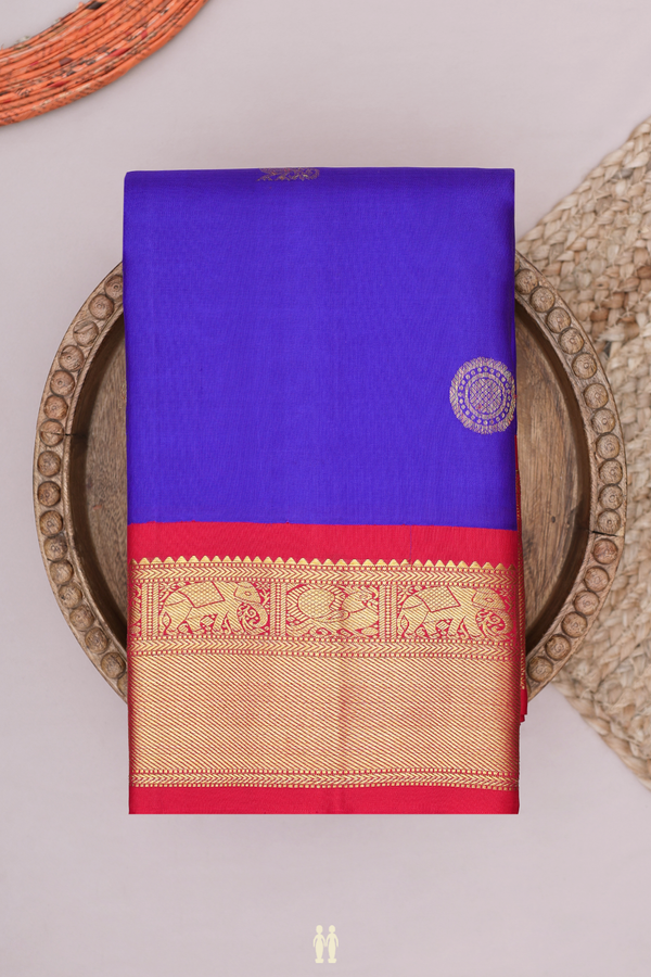 Kanchipuram Silk Saree In Indigo Blue With Peacock Buttas