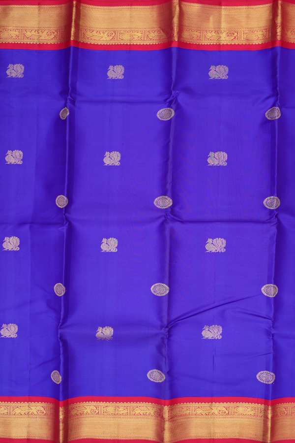 Kanchipuram Silk Saree In Indigo Blue With Peacock Buttas