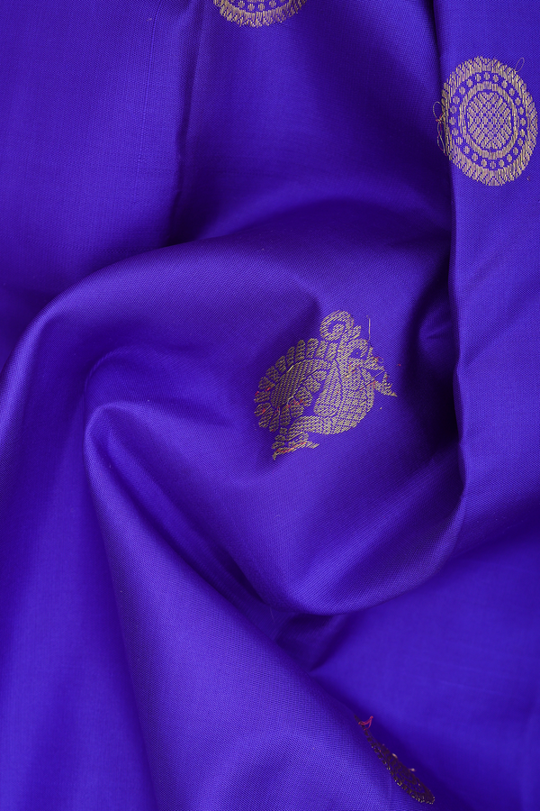 Kanchipuram Silk Saree In Indigo Blue With Peacock Buttas