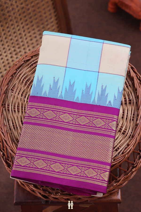 Kanchipuram Silk Saree In Blue And Cream With Checks Design