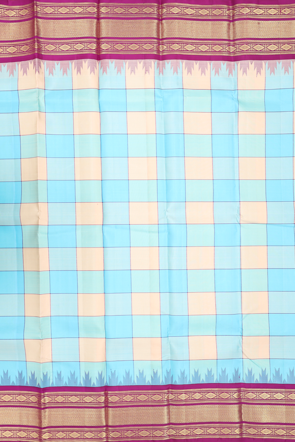 Kanchipuram Silk Saree In Blue And Cream With Checks Design
