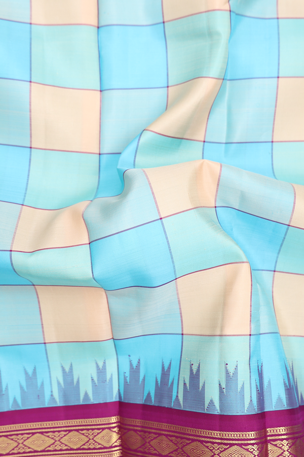 Kanchipuram Silk Saree In Blue And Cream With Checks Design