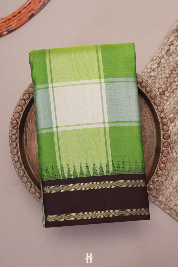 Kanchipuram Silk Saree In Green And White With Checks Design