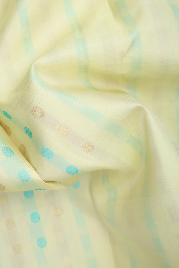 Kanchipuram Silk Saree In Pastel Yellow With Rudraksh Buttas