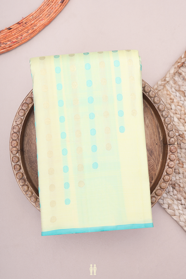 Kanchipuram Silk Saree In Pastel Yellow With Rudraksh Buttas