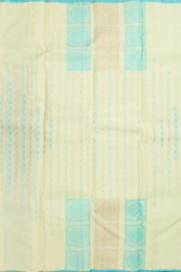 Kanchipuram Silk Saree In Pastel Yellow With Rudraksh Buttas