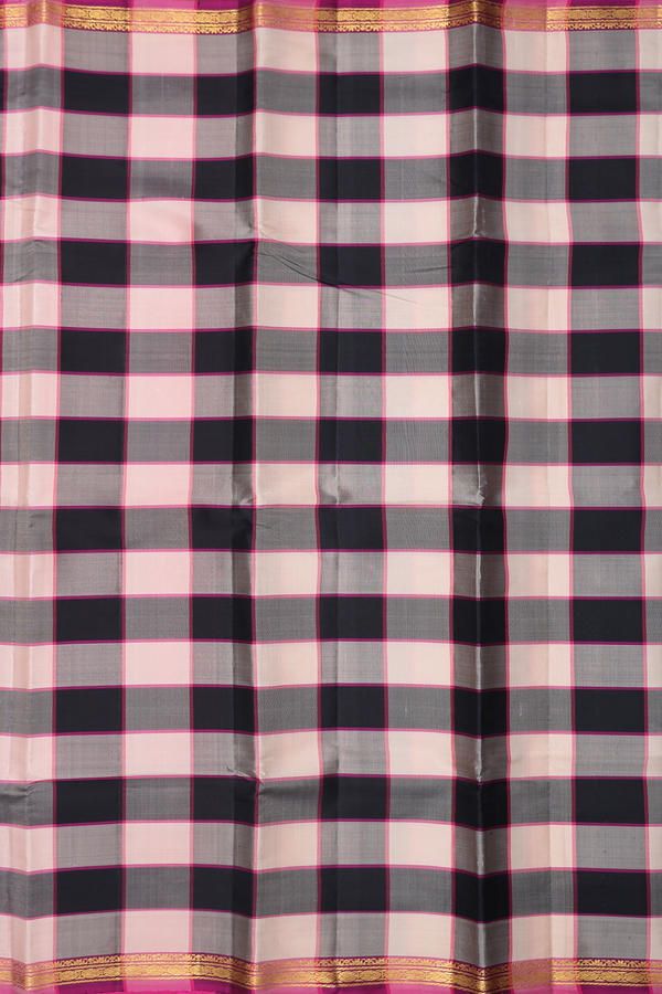 Kanchipuram Silk Saree In Black And Beige With Checks Design