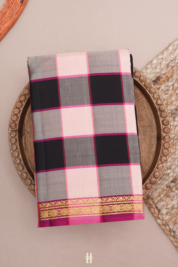 Kanchipuram Silk Saree In Black And Beige With Checks Design