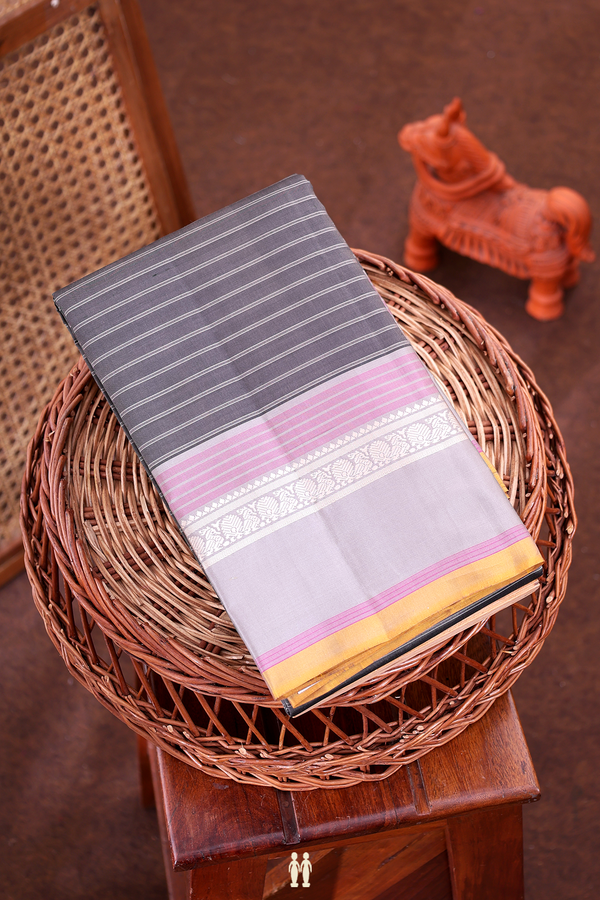 Kanchipuram Silk Saree In Charcoal Grey With Stripes Design