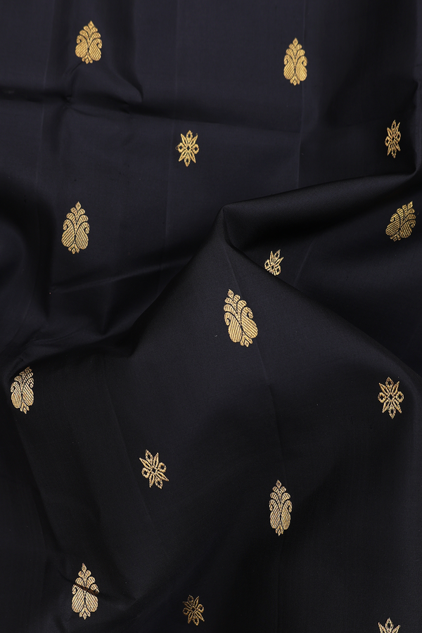 Kanchipuram Silk Saree In Black With Floral Buttas
