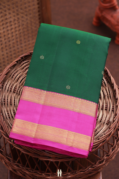 Kanchipuram Silk Saree In Forest Green With Floral Buttis