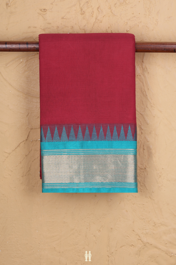 Kanchi Cotton Saree In Rose Red With Contrast Silk Border