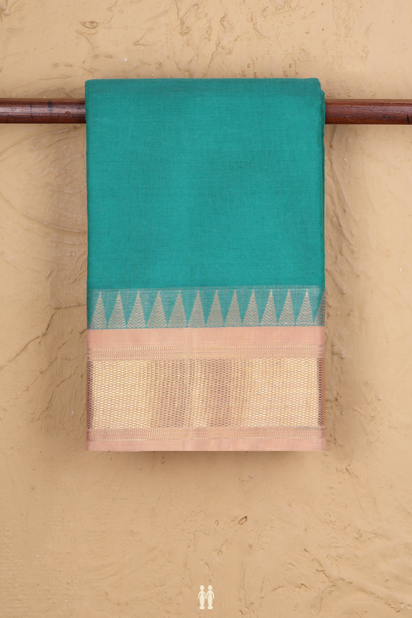 Kanchi Cotton Saree In Sea Green With Contrast Silk Border