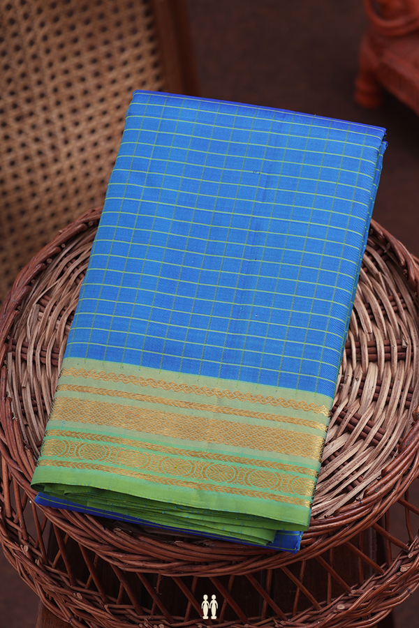 Kanchipuram Silk Saree In Cerulean Blue With Checks Design