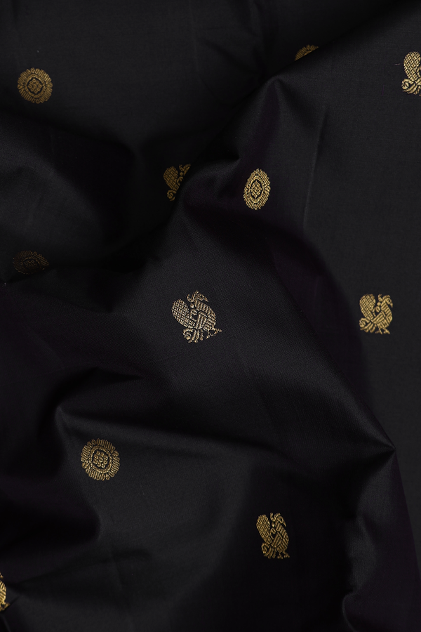 Kanchipuram Silk Saree In Black With Peacock Chakram Buttas