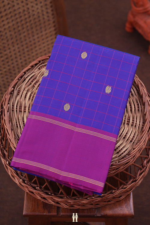 Kanchipuram Silk Saree Indigo Blue Along Checks With Buttas
