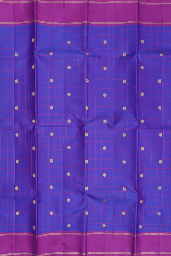 Kanchipuram Silk Saree Indigo Blue Along Checks With Buttas