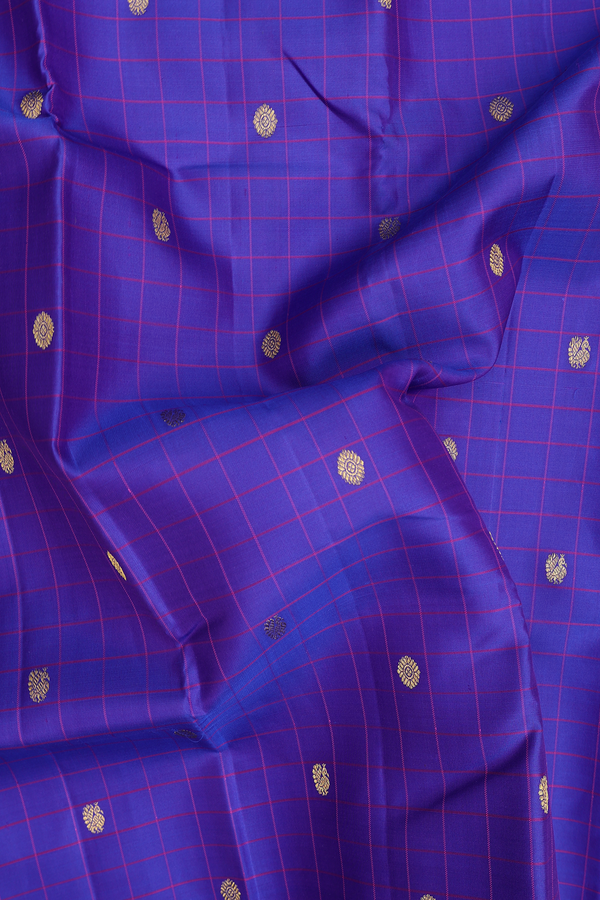 Kanchipuram Silk Saree Indigo Blue Along Checks With Buttas
