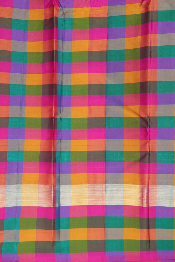 Kanchipuram Silk Saree In Teal Blue With Checks Border