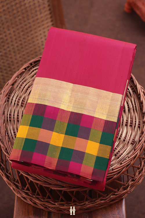 Kanchipuram Silk Saree In Plain Red With Checks Border