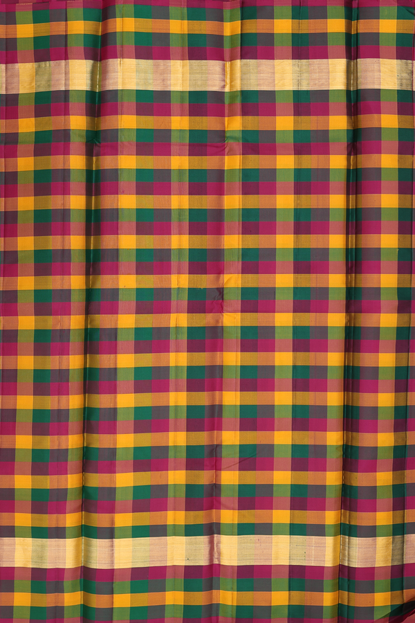 Kanchipuram Silk Saree In Plain Red With Checks Border