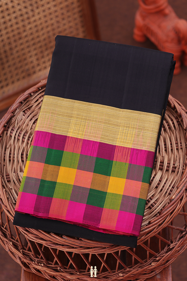 Kanchipuram Silk Saree In Black With Checks Border